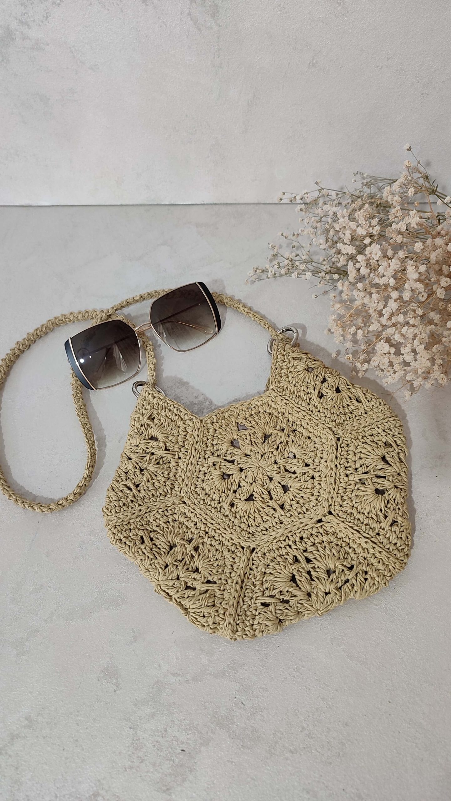 کیف قلاببافی شیک با رنگ طبیعی و بند بلند