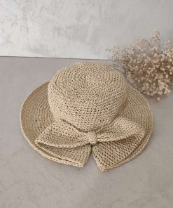 کلاه آفتابی زنانه کرم بافت حصیری دستبافت